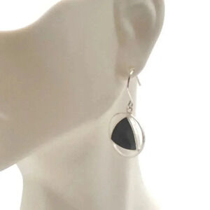 925 Sterling Silver Geometric Black Onyx Dangle Drop Earrings Hook Closure VTG